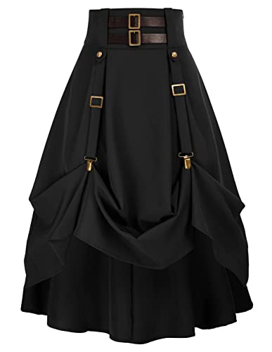 Women Goth Steampunk Skirt High Waist Pirate Midi A-Line Skirt with Pockets S-2XL - Black - Large
