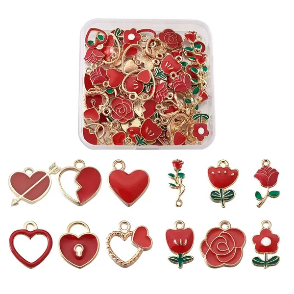 Beadthoven 72pcs Red Rose Flower Alloy Enamel Charm Red Love Heart Charm Pendants Mother's Day Theme Charms Beads Jewelry Accessories for DIY Bracelet Necklace Earrings Jewelry Making Women Girl - Heart & Flower-Red