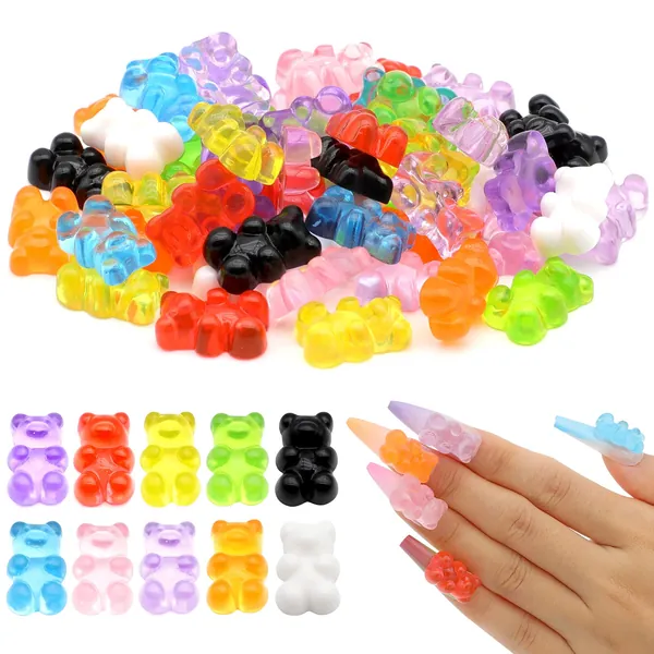 50 Pieces Nail Gummy Bear Charms, Resin Flatbacks Candy Bear Charms for Slime Nails DIY Craft Scrapbooking Phone Case Doll House Stationery Box Decoration(10 Colors) - 1