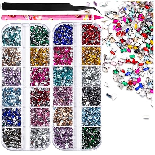 5800pcs Colorful Nail Gems and Charms, Crystal Resin Flatback Nail Rhinestones for Bedazzling, bedazzler kit with Rhinestones 3D Mini Heart Star Flower Diamonds Kawaii Nail Jewels for Nail Art Crafts - 12 colors