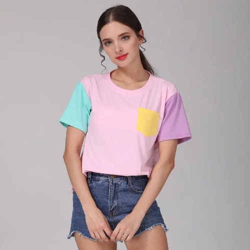 Retro 80s Patchwork Pastel-Kei Tee with Chest Pocket - Pink / M