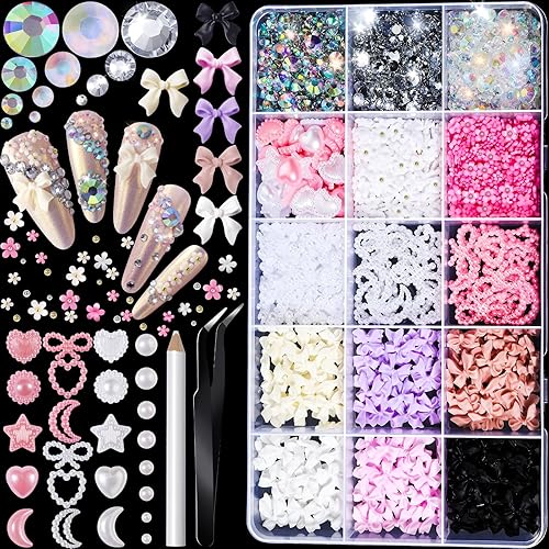 FANDAMEI Nail Charms and Gems, Nail Art Kit, Nail Art Charms, Nail Design Kit, Rhinestones for Nails, Nail Gems, Bow Nail Charms, Bow Charms for Nails, Flower Nail Charms, Pearls for Nails