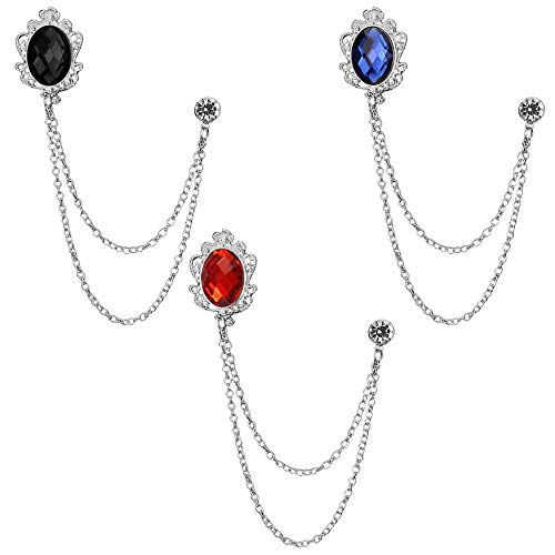 Huture 3 Packs Men's Gem Brooch Lapel Pin Badge Hanging Chains Collar Brooches Pin for Career Suit Tuxedo of Shirts Tie Hat Scarf for Boyfriend Father Birthday Gift, Silver Black Red Blue