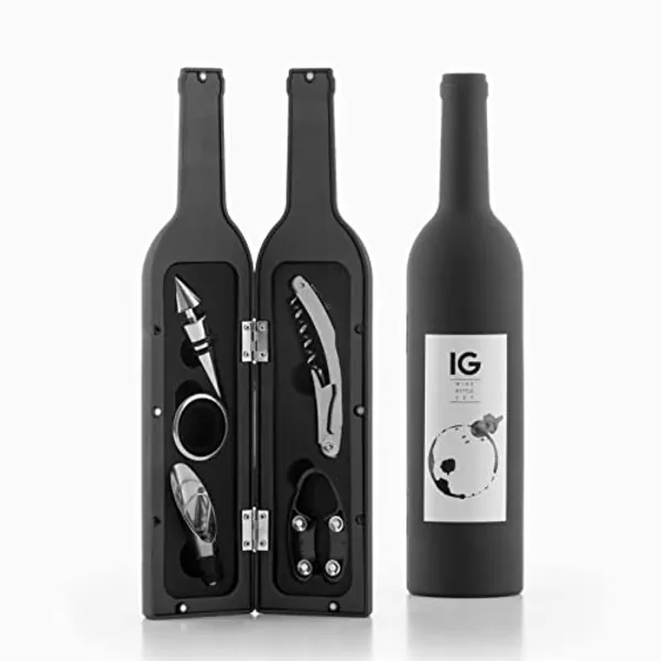 InnovaGoods 6 Juegos Vino, Elegante Estuche, 5 Pieces Bottle Wine, Set, Sacacorchos con Accesorios, Acero Inoxidable, Negro