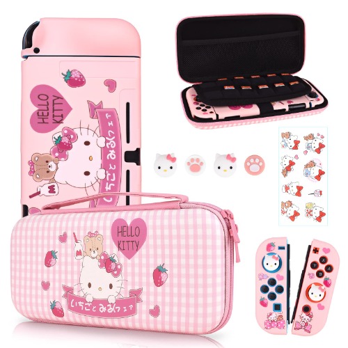DLseego Little Kitty Switch Case Set Pink Carrying Case with 12 Slots Cute TPU Protective Case Soft Cover with 4PCS Lovely Cat & Claw Thumb Grips Caps and 1PCS Kawaii Sticker for Switch 2017 - Cat Pink