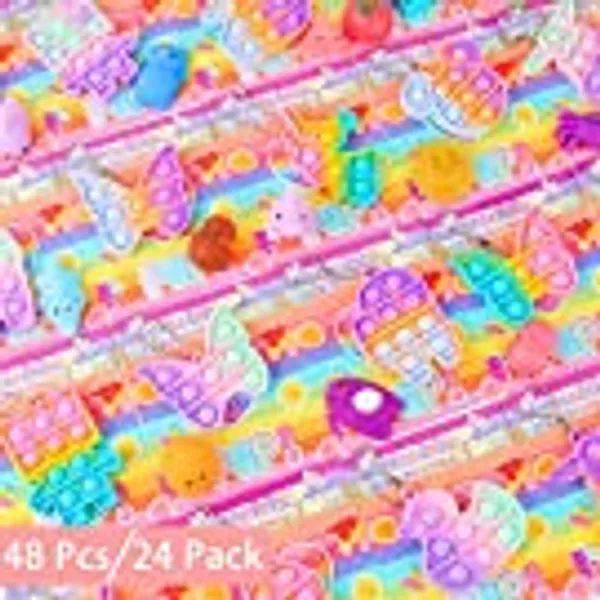 Valentines Day Gifts for Kids, 24 Valentines Cards with Pop Fidget Mochi Squishy Bulk, Cute Party Favor School Classroom Class Basket Treats, Mini Keychain Exchange Goodie Bag Stuffer Set for Girl Boy