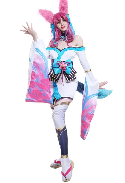 League of Legends LOL Ahri The Soul Lotus Spirit Blossom Cosplay Costume Dress Set with Tail and Fox Ears