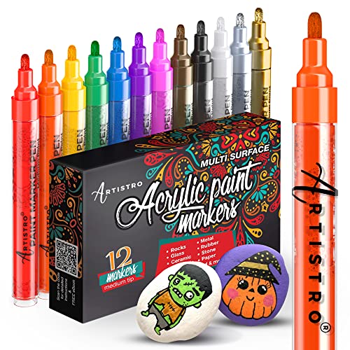 ARTISTRO 12 Acrylic Paint Pens for Rock Painting, Stone, Ceramic, Glass, Wood, Fabric, Canvas, Porcelain, Fabric & Textile marker, Set of 12 Acrylic Paint Markers Medium Tip 3mm - 12 Medium Tip