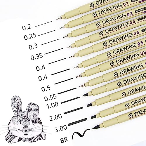 Micron Pens, Fineliner Pens, Drawing Pens: 12 Black Pens Waterproof Ink Set Art Supplies Archival Inking Markers Pigment Liner Point Journaling Sketch Outline Manga Anime Sketching Watercolor Technical (12 Pcs) - A