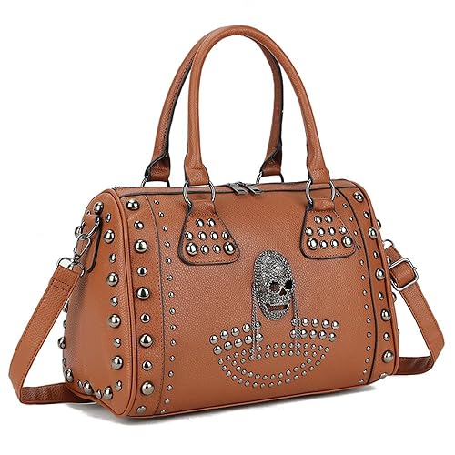 AlwaySky Women Skull Handbag Large Capacity Gothic Shoulder Bag Studded Doctor Handbag - Brown
