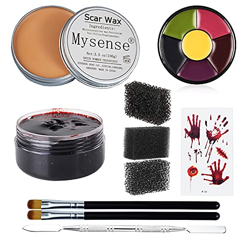 Mysense 3.5Oz(100g) Nose and Scar Wax SFX Make Up Special Effects Fake Molding Wound Skin Wax Halloween Stage Zombie Makeup with 6 Color Body Paint Spatula Fake Blood Gel Tatooes Stipple Sponges - Wax&Blood&face paint 01