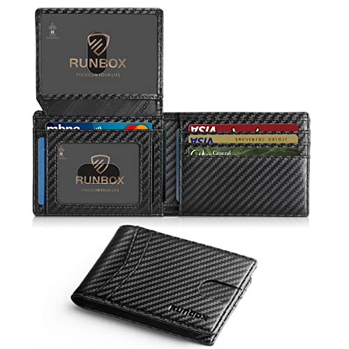 RUNBOX Men's Wallets 15 Card Holder Slim Rfid Leather 2 ID Window With Gift Box Men's Accessories - Carbon Black-15 slots