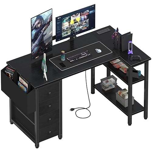 Lufeiya L Shaped Gaming Desk with Drawers & Storage Shelves, 47 Inch Corner Computer Desk with Power Outlet for Home Office Bedroom, L-Shaped Teen PC Desks with Fabric Drawer, Black - Black - 47.2"