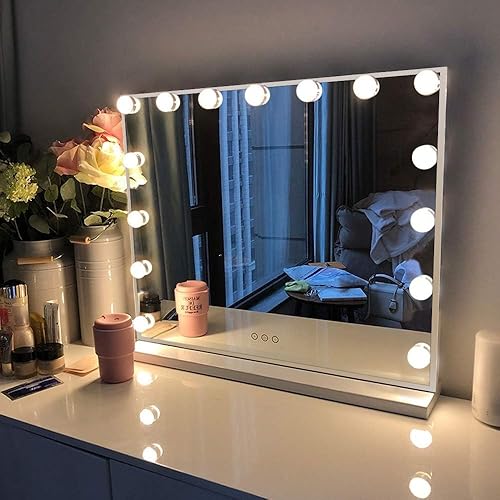 FENCHILIN Vanity Mirror with Lights, Hollywood Lighted Makeup Mirror with 15 Dimmable LED Bulbs for Dressing Room & Bedroom, Slim Metal Frame Design, White - A-white-usb+typec Charging