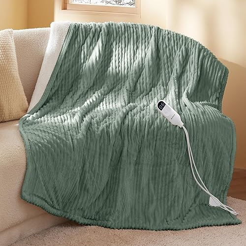 Bedsure Heated Blanket Electric Throw - Soft Ribbed Flannel Electric Blanket, Heating Blanket with 4 Time Settings, 6 Heat Settings, and 3 hrs Timer Auto Shut Off (50x60 inches, Green) - 08 - Green - Throw