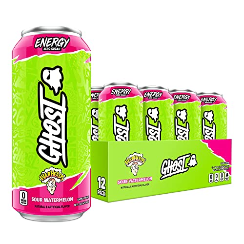 GHOST ENERGY Sugar-Free Energy Drink - 12-Pack, WARHEADS Sour Watermelon, 16oz - Energy & Focus & No Artificial Colors - 200mg of Natural Caffeine, L-Carnitine & Taurine - Soy & Gluten-Free, Vegan - WARHEADS Sour Watermelon