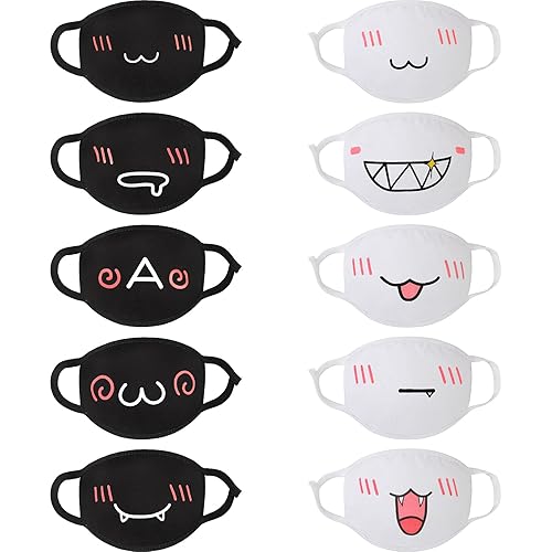 Zhanmai 10 Pieces Kawaii Mask Anime Face Mouth Mask Cute Mouth Covering Reusable Washable Mouth Mask, Black and White - Unisex,lightweight,sports,comfortable