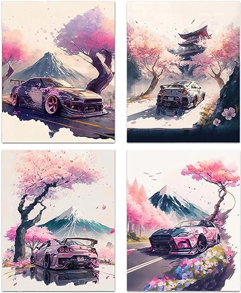 TOCDGOO Pink Japanese Sports Car Wall Art - Tokyo Street Racing Art Prints Aesthetic Car Canvas Posters - Mount Fuji Sakura Landscape Wall Art for Living Room Bedroom Decor - 4 Set-(8"x10" Unframed)