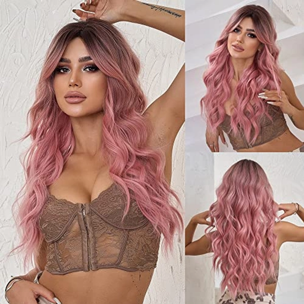 OMELPIS Pink Wig for Women Long Ombre Brown to Pink Wavy Curly Synthetic Wigs with Bangs Middle Part Dark Roots Layered Hair with Bangs for Girls Cosplay Party Halloween Christmas Daily 26In