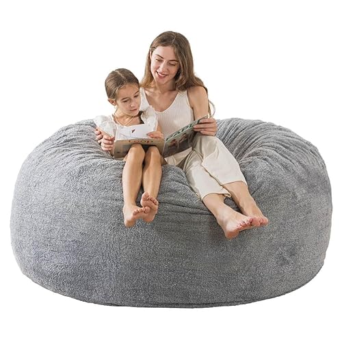 [Sherpa Fabric] Large Bean Bag Chair: 5 ft Memory Foam Bean Bag Chairs for Adults/Kids with Filling, Ultra Soft Faux Fur Fabric, Bean Bag for Living Room, Light Grey, 5 Foot - 5 Foot - Sherpa Light Grey