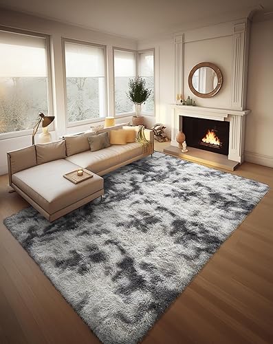 Ophanie Tie-Dyed Grey&White 8x10 Area Rugs for Living Room, Large Shag Bedroom Carpet, Big Indoor Thick Soft Nursery Rug, Fluffy Carpets for Boy and Girls Room Dorm Home Decor Aesthetic - 8x10 Feet - 4- Tie-dyed Grey & White