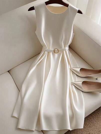 SHEIN Clasi Vestido corto casual y blanco sin mangas y elegante de unicolor para mujer, apto para el trabajo y graduación