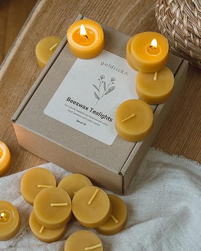 Goldrick Beeswax Tealights. (in Metal Cases) 100% Beeswax | Handmade, Natural and Pure Candles | Eco-Friendly Gift Box. (Box of 16)