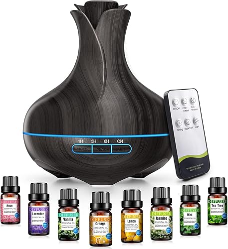 600 ML Aromatherapy Oil Diffusers With 8 Essential Oils Set, Ultrasonic Essential Diffuser With 2 Mist Modes, LED Lights,4 Timer For Large Room - Dark Black