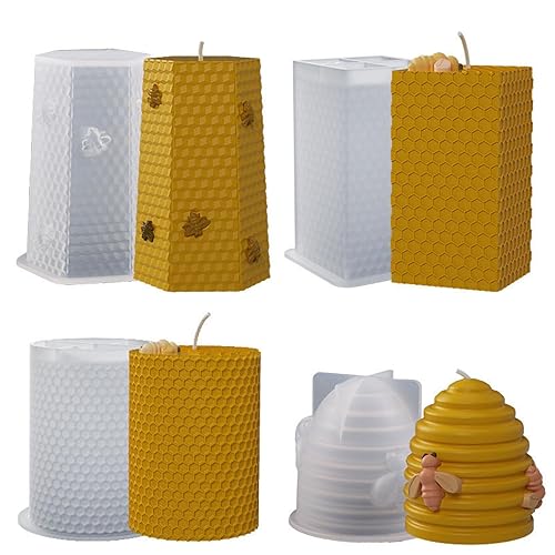 Bekecidi 4 PCS Bee Honeycomb Candle Moulds Silicone, Pillar Candle Moulds for Candle Making Epoxy Resin Moulds Cylinder Candle Molds for Making 3D Candles Soap Wax Crafts DIY Handmade Gifts