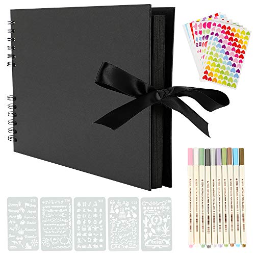YILEEY Scrap Book 80 Black Pages Scrapbook, Photo Album 12 x 9 inches Memory Books Guestbooks, DIY Gift Scrapbooking Kits with 10pcs Markers Pens 5pcs Stencils 6pcs Stickers and 2pcs Photo Corners - Black