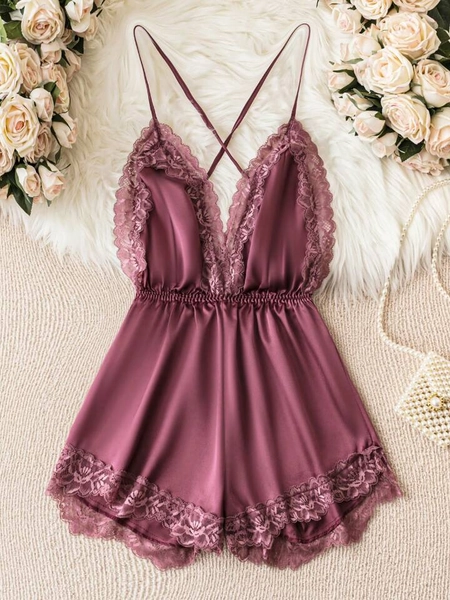 Contrast Lace Criss Cross Backless Satin Cami Romper