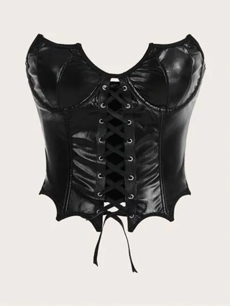  Goth Lace Up Front PU Tube Top