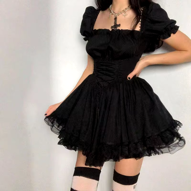 Lolita-vestido gótico con manga abullonada para mujer, prenda de vestir de cintura alta, Estilo Vintage, vendaje con encaje, color negro, para fiesta, verano, 2024 - AliExpress 200000345