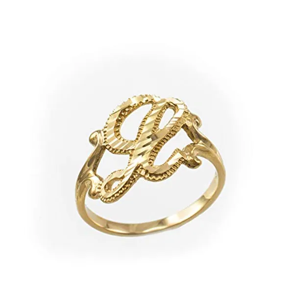 Sparkle-Cut Letter Initial Script Ring In 10K Yellow Gold