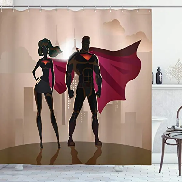 Ambesonne Superhero Shower Curtain, Super Woman and Man Heroes in City Solving Crime Hot Couple in Costume, Cloth Fabric Bathroom Decor Set with Hooks, 69" W x 75" L, Beige Brown Magenta