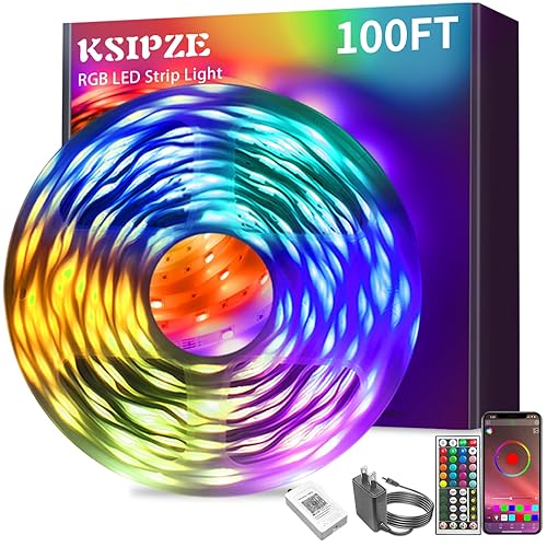 Ksipze 100FT led Lights Strip for Bedroom Smart Music Sync RGB Color Changing with App and Remote Control, Power Supply Led Strip Lights Lumiere Led 30M for Home Party Room Decor - 100FT