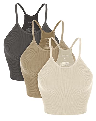 ODODOS Women's Crop 3-Pack Seamless Camisole Rib-Knit Strappy Racerback Cropped Tops - Mushroom+Taupe+Charcoal (Crop) - Medium-Large