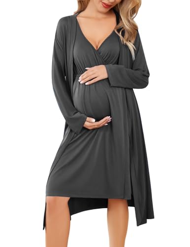 Ekouaer Women Maternity Nursing Gown and Robe Set Labor Delivery Nursing Nightgowns Pregnancy Clothes S-XXL - Darkgrey - Medium