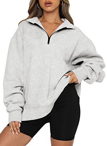 BLENCOT Women Half Zip Oversized Sweatshirts Long Sleeve Solid Color Drop Shoulder Fleece Workout Pullover S-2XL - 0 Zip Gray - Medium