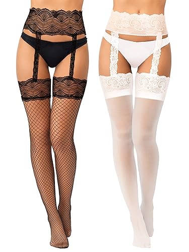 Geyoga 2 Paar Netz Strapsstrümpfe Damen Oberschenkel Strumpf mit Strumpfhalter Mädchen Halterstrümpfe mit Floral Spitze - Einheitsgröße - Weiß