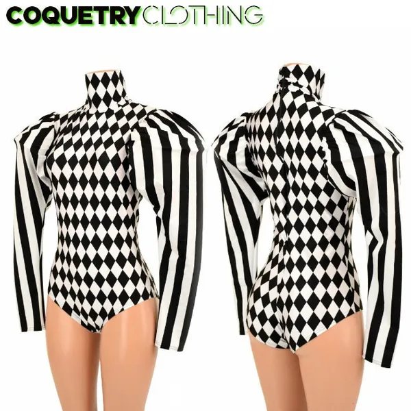 Black and White Diamond Print High Turtle Neck Back Zipper Siren Cut Romper with Black and White Stripe Puffed Victoria Sleeves - 155271