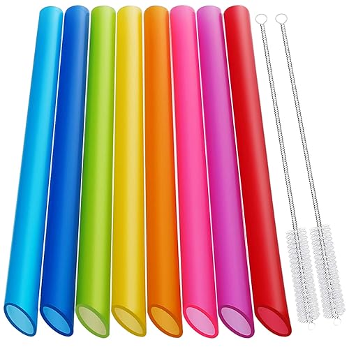 [Angled Tips] 8 Pcs Reusable Boba Straws & Smoothie Straws - Multi Colors Jumbo Wide Reusable Straws, BPA FREE Food-Grade Plastic Straws for Bubble Tea(Tapioca, Boba Pearls), Milkshakes with 2 Brushes - 8 Colors