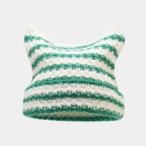 Cat Ears Streetwear Harajuku Beanie Little Devil Striped Knitted Hat - Green striped / head 56-59cm