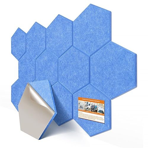 DEKIRU 12 Pack Self Adhesive Hexagon Acoustic Panels Sound Proof Foam Panels, 14 X 13 X 0.9 Inches Soundproof Wall Panels for Office Ceiling &Door (Blue) - Blue