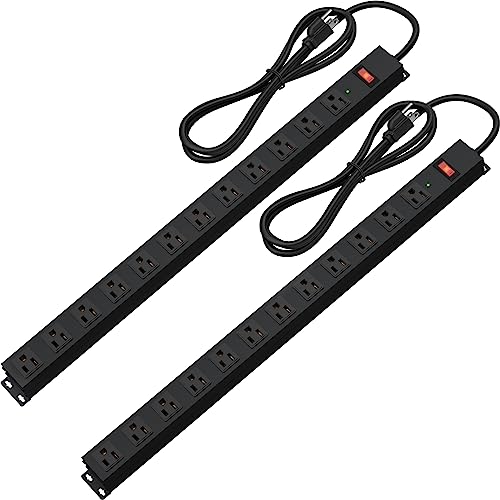 12 Outlet Long Power Strip Surge Protector with 2100 Joules, 6FT Power Cord, Wide Spaced Outlet Power Bar, Overload Protection Switch, Industrial Heavy Duty for Work Bench, Shop, Garage (Black),2 Pack - 6 FT 2 PACK
