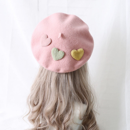 Heart Pattern Kawaii Cozy Cute Beret Hat - Pink