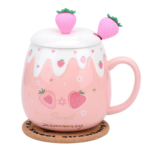 Roze mok, schattige aardbeienmok met deksel en lepel, koffiemok van keramiek, Kawaii-beker voor theemelk, vrouw, meisjes, student, Koreaanse stijl, 450 ml, kerstverjaardagscadeau (kleine aardbeien)