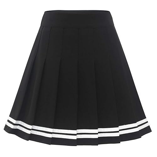 Dressystar Women's Basic Skirt Stretchy Skater Cheerleader Pleated Mini Skirt - 10 Black White Strip - L