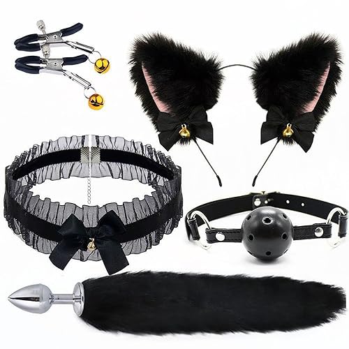 Howinsen BDSM Bondage Kit 5 Pcs Foxtail Anal Plug Set Sex Toy Kit with Butt Plug Headband Cat Ear Necklace Nipple Clamps and Gags Adult Toys for Men Women Couples Adult Sex Toys