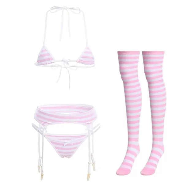 ABAFIP Women Cute Kawaii Anime Lingerie set Halter Strap Micro Bra Tiny Panty Garter Belt Striped Stockings 4Pcs Underwear - One Size - Pink